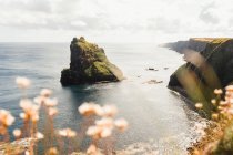 Costa rocciosa tra tranquille acque oceaniche durante il giorno soleggiato in Scozia — Foto stock