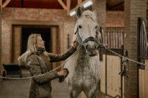 Side view of long-haired woman giving food to dapple grey horse with white mane muzzle in stable — Stock Photo