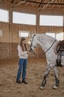 Mulher com cavalo cinza maçã com cauda longa fofo andando ao redor grande arena luz — Fotografia de Stock