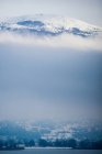 Прекрасный пейзаж спокойного зимнего берега озера с голыми деревьями силуэты под густым туманом против величественной снежной вершине горы на горизонте — стоковое фото