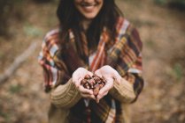Dall'alto femmina sorridente e dimostrante manciata di castagne mentre passa il tempo nella foresta — Foto stock