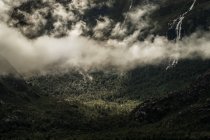 Weiße Dunstwolken über der grünen Ebene bei düsteren hohen Bergen in Tortel, Chili — Stockfoto