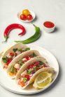Tacos mexicanos caseiros com legumes frescos e frango no fundo branco — Fotografia de Stock