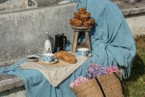 Cupcakes e biscoitos com bule e leite em cobertor azul servido com cesta de palha com flores no banco balançado no jardim de verão — Fotografia de Stock