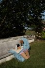 Cupcake e biscotti con teiera e latte su coperta blu serviti con cesto di paglia con fiori su panca a dondolo in giardino estivo — Foto stock