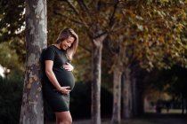 Mulher grávida feliz em vestido casual acariciando barriga enquanto está em pé na árvore verde no dia ensolarado de verão com céu azul — Fotografia de Stock
