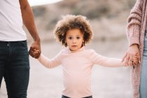Обрізана різноманітна мати і батько тримають руки з кучерявою дитиною як прогулянки на природі вдень — стокове фото