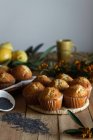 Apetitivos cupcakes recién horneados en soporte de mimbre sobre una mesa de madera decorada con bayas de limón y semillas de amapola para hornear - foto de stock