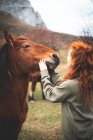 Vista lateral de mujer sonriente con pelo largo rojo en sudadera con capucha acariciando caballo marrón con melena negra en pasto de montaña - foto de stock