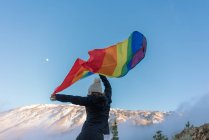 Pessoa em pico de montanha acenando com bandeira LGBT — Fotografia de Stock