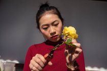 Joven mujer asiática cortando rosa tallo con tijeras de podar - foto de stock