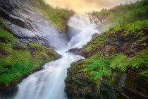Fast speedy mountain river streaming down between rocky stony hills covered with green trees and grass in Norway — Stock Photo