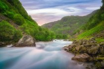 Быстрая горная река, текущая между скалистыми каменистыми холмами, покрытыми зелеными деревьями и травой в Норвегии — стоковое фото