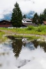 Спокойное прозрачное озеро, отражающее белое облачное небо и зеленое дерево на лугу Австрии — стоковое фото