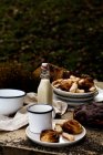 Dall'alto della torta pasticceria e bottiglia con latte sul tavolo per pic-nic in parco — Foto stock