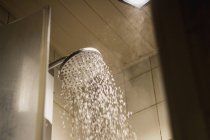 From below of shower head with hot water drops flowing in bathroom of modern house — Photo de stock
