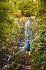 Rückansicht einer Frau, die im Sommer mit Rucksack in der Nähe eines Wasserfalls im Wald spaziert — Stockfoto