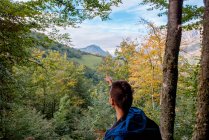 Back view of active female tourist showing on mountain peak direction while standing on hill in autumn forest — Stock Photo