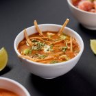 Миска смачного домашнього овочевого супу зі сметаною та свіжим — стокове фото