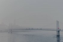Gente caminando a través del río en el puente moderno con niebla en el día nublado - foto de stock