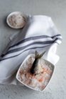 Tail of sardine in plate with salt — Stock Photo