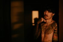 Красивий без сорочки татуйований чоловік позує чуттєво на сонячному світлі — стокове фото