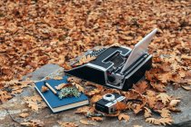 From above vintage old typewriter with tablet in autumn leaves and blue notebook with pen and retro camera on stone table in oak forest — Stock Photo