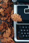 Крупный план старинной пишущей машинки, покрытой дубовыми листьями осенью — стоковое фото