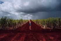 Seitenansicht einer Reisenden in Freizeitkleidung, die an einer Kreuzung mit brauner Erde inmitten grüner tropischer Pflanzen unter grauem wolkenverhangenem Himmel in Kuba steht — Stockfoto