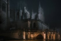 Cerca de pedra iluminada em torno do antigo edifício da catedral na noite escura enevoada em Burgos, Espanha — Fotografia de Stock