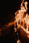 Flammes jaunes se levant du feu de joie sur des morceaux de bois dans la nature la nuit — Photo de stock