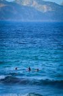 Group of surfers on boards in sea against mountains waiting for wave to ride on sunny day — Stock Photo