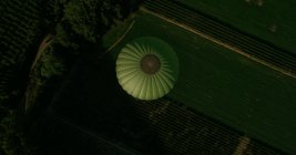 Drone view of green forest and fields at countryside and hot air balloon at sunlight — Stock Photo