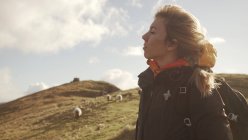 Mujer despreocupada disfrutando de un maravilloso paisaje natural y el mar mientras está de pie en el acantilado en Irlanda cerca de manada de ovejas en un prado con los ojos cerrados - foto de stock