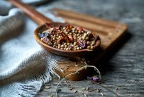 Dry mix of spices and dried berries in spoon on table — Stock Photo