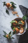 Orange tangerines in ceramic ornamental bowl on marble table — Stock Photo