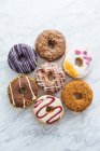 Variety of doughnuts on marble background — Stock Photo