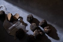 Von oben Bündel teurer schwarzer Trüffel in der Nähe von Metallrasierern auf grauer Putzoberfläche platziert — Stockfoto