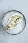 Deliciosas ostras en cubo de hielo en un tazón en un fondo blanco en un restaurante - foto de stock