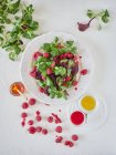 Dall'alto composizione lucente d'insalata appetitosa appetitosa con lampone maturo spinaci verdi e salsa aromatica su sfondo bianco — Foto stock