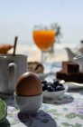 Домашній повний сніданок на сонці зі склянкою апельсинового соку, чорниці, яйця та хліба — стокове фото