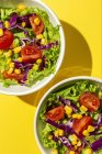 Свіжий салат з салатом з помідорами вишні, червоною цибулею та кукурудзою, сонячне світло на рожевому тлі зверху. Здорова їжа. Веганська їжа . — стокове фото