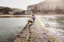Joven hembra paseando con perro en muelle de piedra en la ciudad de Lekeitio en el País Vasco con edificios residenciales y colinas de fondo - foto de stock
