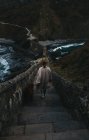 Високий кут назад погляд нерозпізнаної жінки в повсякденному одязі з великим коричневим собакою стоячи на старому кам'яному мості проти скелястого схилу гори в Іспанії. — стокове фото