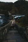 High angle back view of unrecognizable female in casual clothes with big brown dog standing on old stone bridge against rocky slope of mountain in Spain — Stock Photo