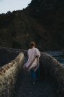 Высокий угол заднего вида неузнаваемой женщины в повседневной одежде с большой коричневой собакой, стоящей на старом каменном мосту против скалистого склона горы в Испании — стоковое фото