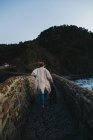 Visão traseira de alto ângulo de fêmea irreconhecível em roupas casuais com grande cão marrom em pé na ponte de pedra velha contra a inclinação rochosa da montanha na Espanha — Fotografia de Stock