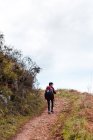 Vue arrière du touriste avec sac à dos et bâton regardant loin et admirant des paysages pittoresques lors de la randonnée sur la route des collines sous un ciel nuageux en Espagne — Photo de stock
