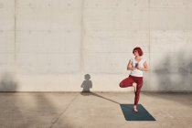 Confident barefooted female athlete in sportswear meditating while standing in vrikshasana position with hands closed to the chest in namaste — Stock Photo