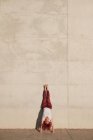 Fêmea de pés descalços magro com cabelo vermelho em sportswear de cabeça para baixo em cão virado para baixo pose inclinada na parede de concreto — Fotografia de Stock